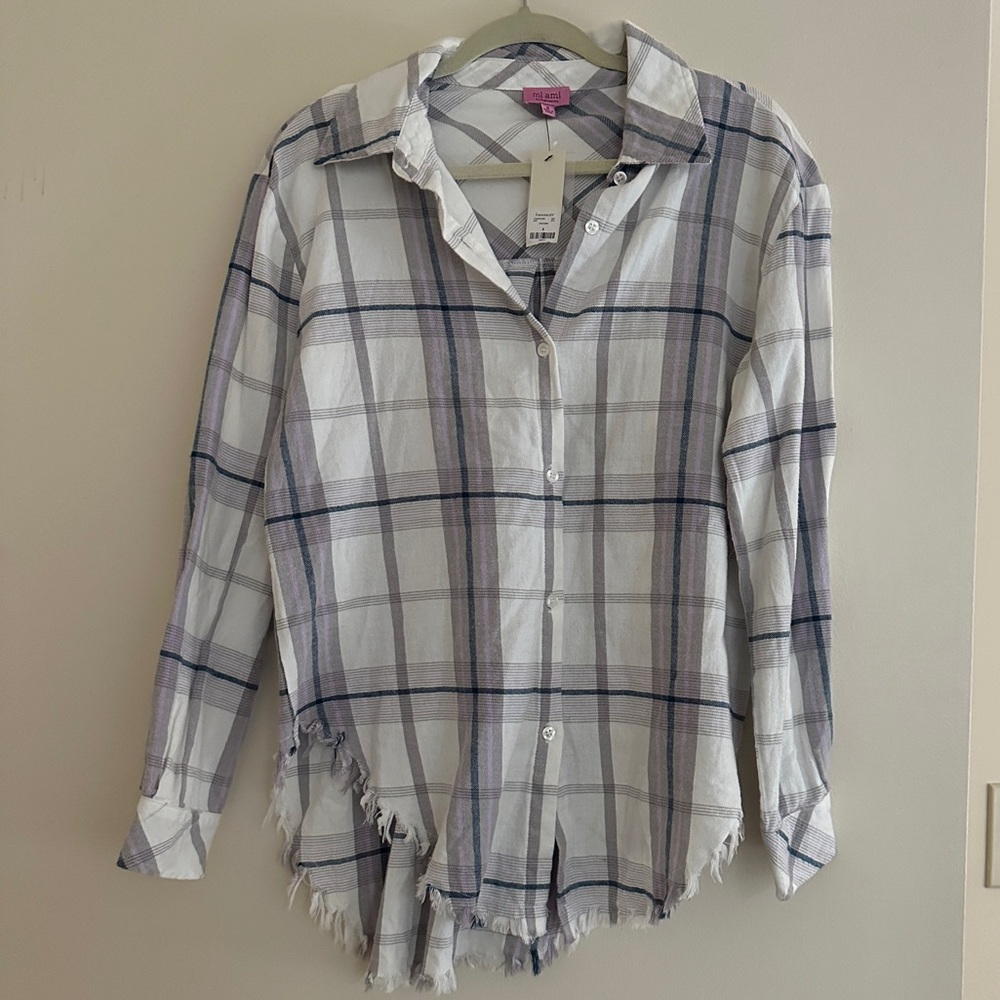 NWT Mi Ami Plaid Button-Up Shirt with Frayed Hem